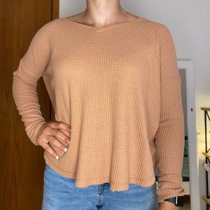 Long Sleeve Waffle Knit Boxy Scoop Neck